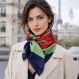 CELINE Paris 100% Silk Scarf – 34” Square – Bold Target Logo Print